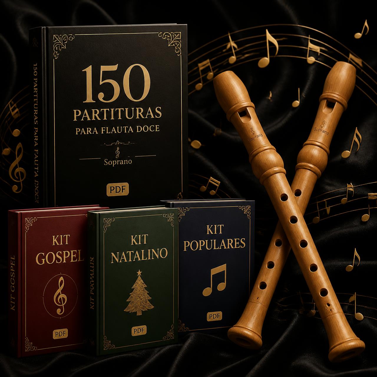 Kit Premium: 150 Partituras, Kit Gospel, Kit Natalino e Kit Populares com flautas doces